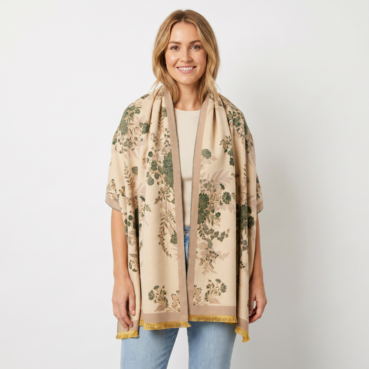 Women's Shawl Wrap Botanical Floral Woven Print Fringe Border Winter Edenforth