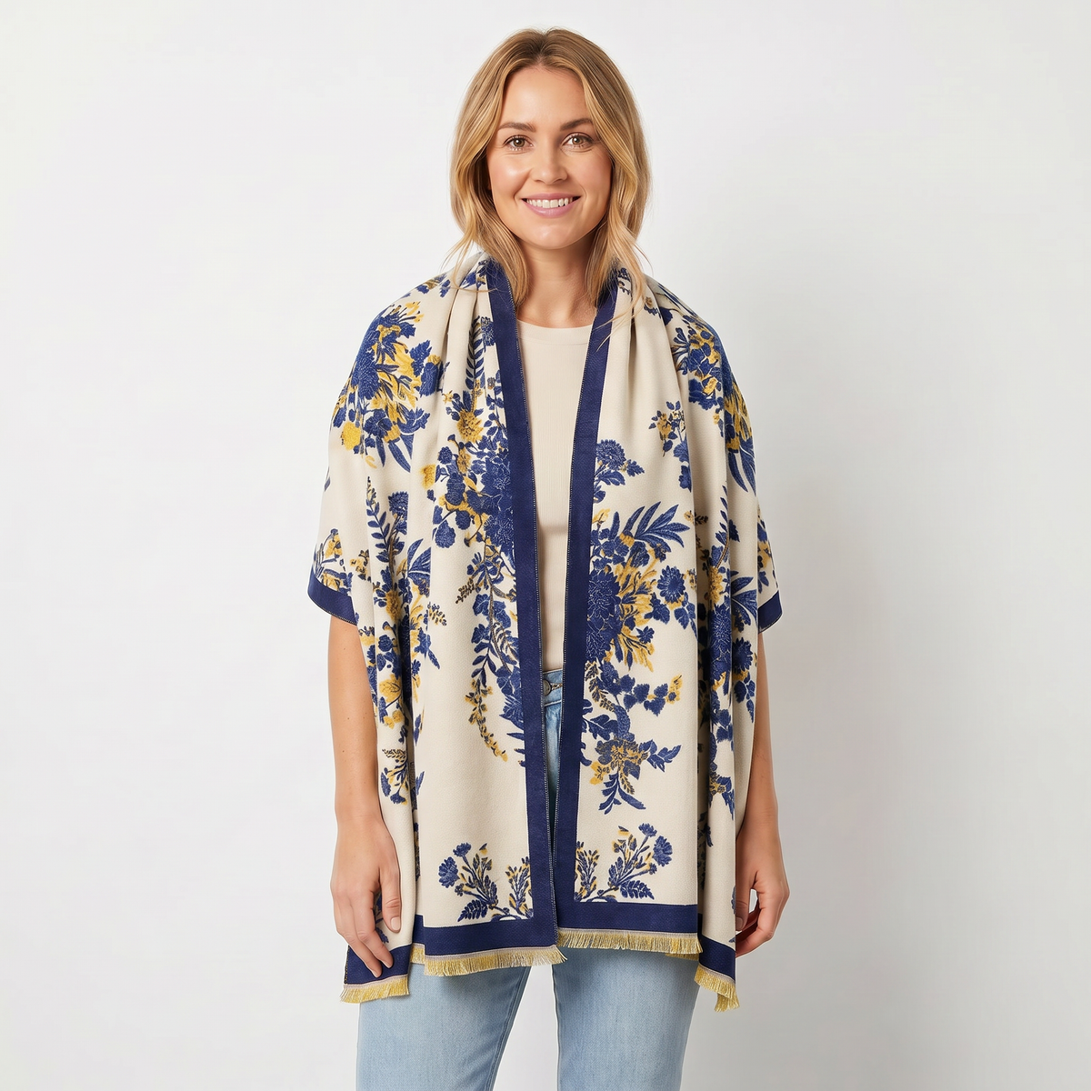 Women's Shawl Wrap Botanical Floral Woven Print Fringe Border Winter Edenforth