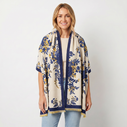 Women's Shawl Wrap Botanical Floral Woven Print Fringe Border Winter Edenforth