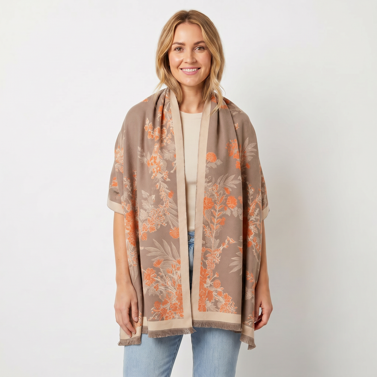 Women's Shawl Wrap Botanical Floral Woven Print Fringe Border Winter Edenforth