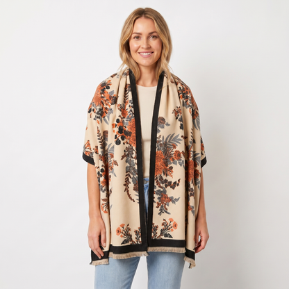 Women's Shawl Wrap Botanical Floral Woven Print Fringe Border Winter Edenforth