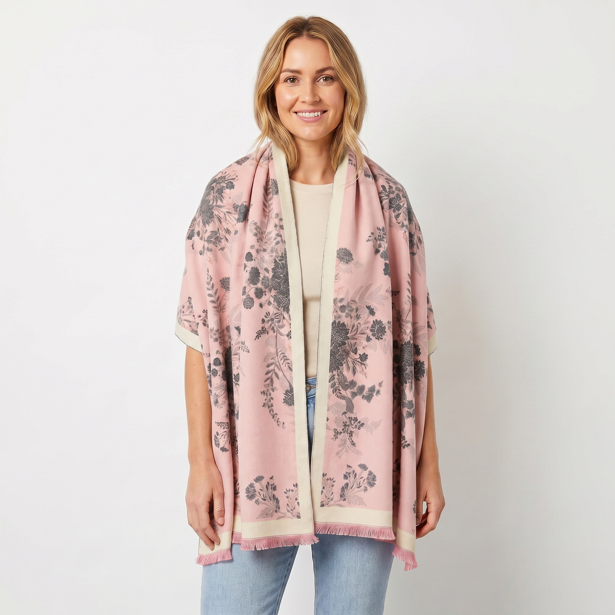 Women's Shawl Wrap Botanical Floral Woven Print Fringe Border Winter Edenforth