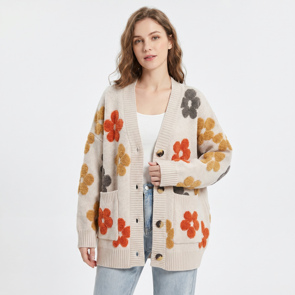 Women's Oversized Winter Cardigan Tufted Floral Knit V-Neck Button Front Edenforth