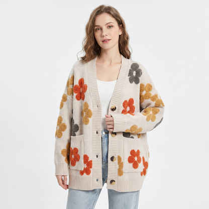 Women's Oversized Winter Cardigan Tufted Floral Knit V-Neck Button Front Edenforth