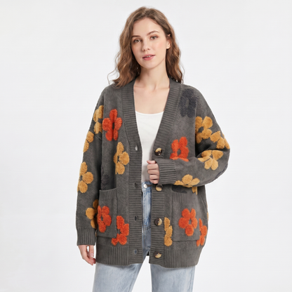 Women's Oversized Winter Cardigan Tufted Floral Knit V-Neck Button Front Edenforth