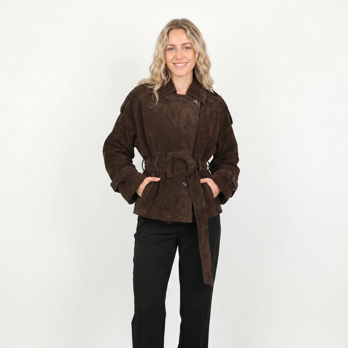Women's Suede Jacket Belted Epaulette Military Collar Hip Length Edenforth
