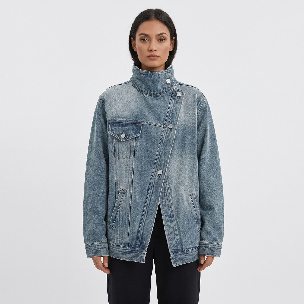 Women's Denim Fall Jacket Oversized Asymmetric Button Funnel-Neck Washed Edenforth