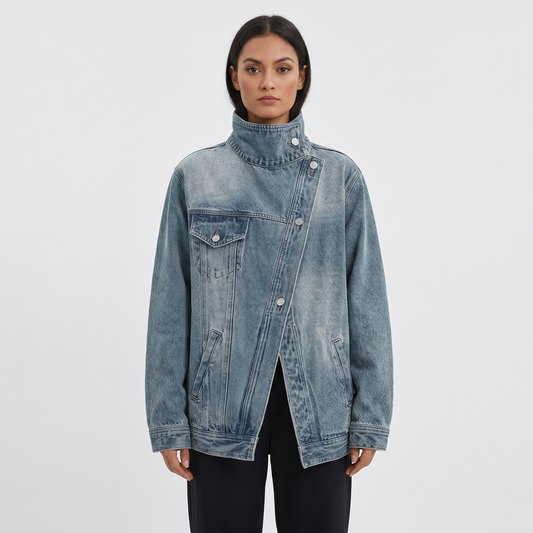 Women's Denim Fall Jacket Oversized Asymmetric Button Funnel-Neck Washed Edenforth