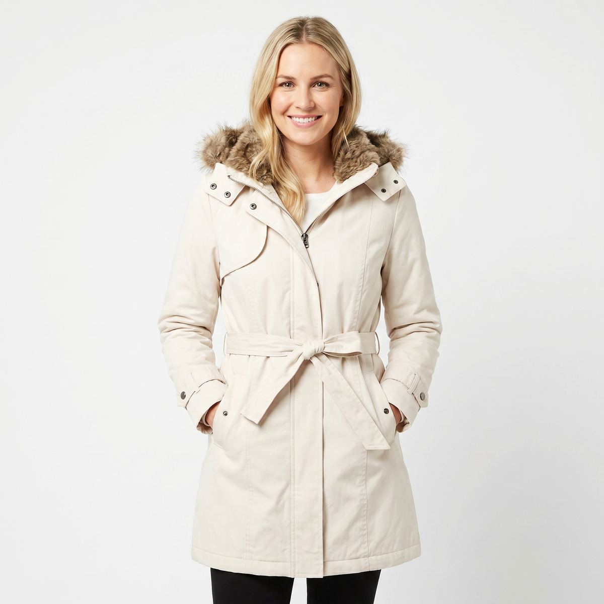 Women's Winter Coat Parka Faux-Fur Hood Belted Padded Midi Length Edenforth