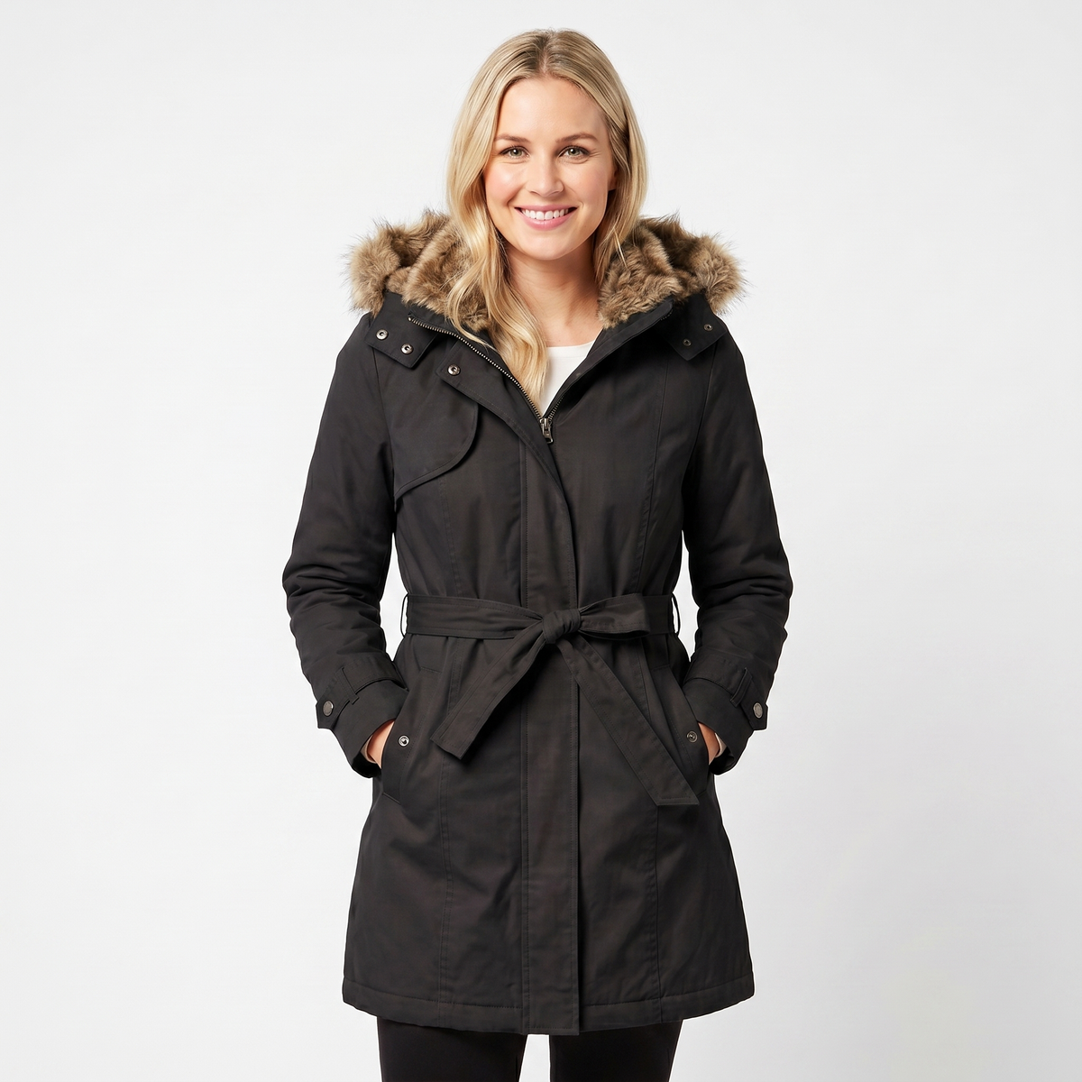 Women's Winter Coat Parka Faux-Fur Hood Belted Padded Midi Length Edenforth