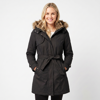 Women's Winter Coat Parka Faux-Fur Hood Belted Padded Midi Length Edenforth