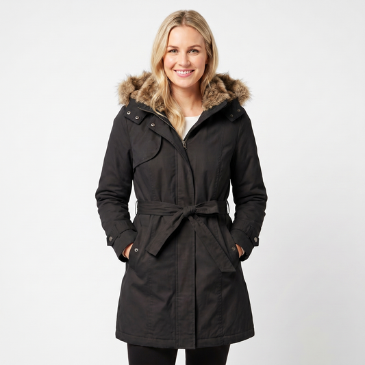 Women's Winter Coat Parka Faux-Fur Hood Belted Padded Midi Length Edenforth