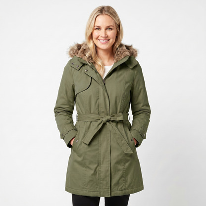 Women's Winter Coat Parka Faux-Fur Hood Belted Padded Midi Length Edenforth