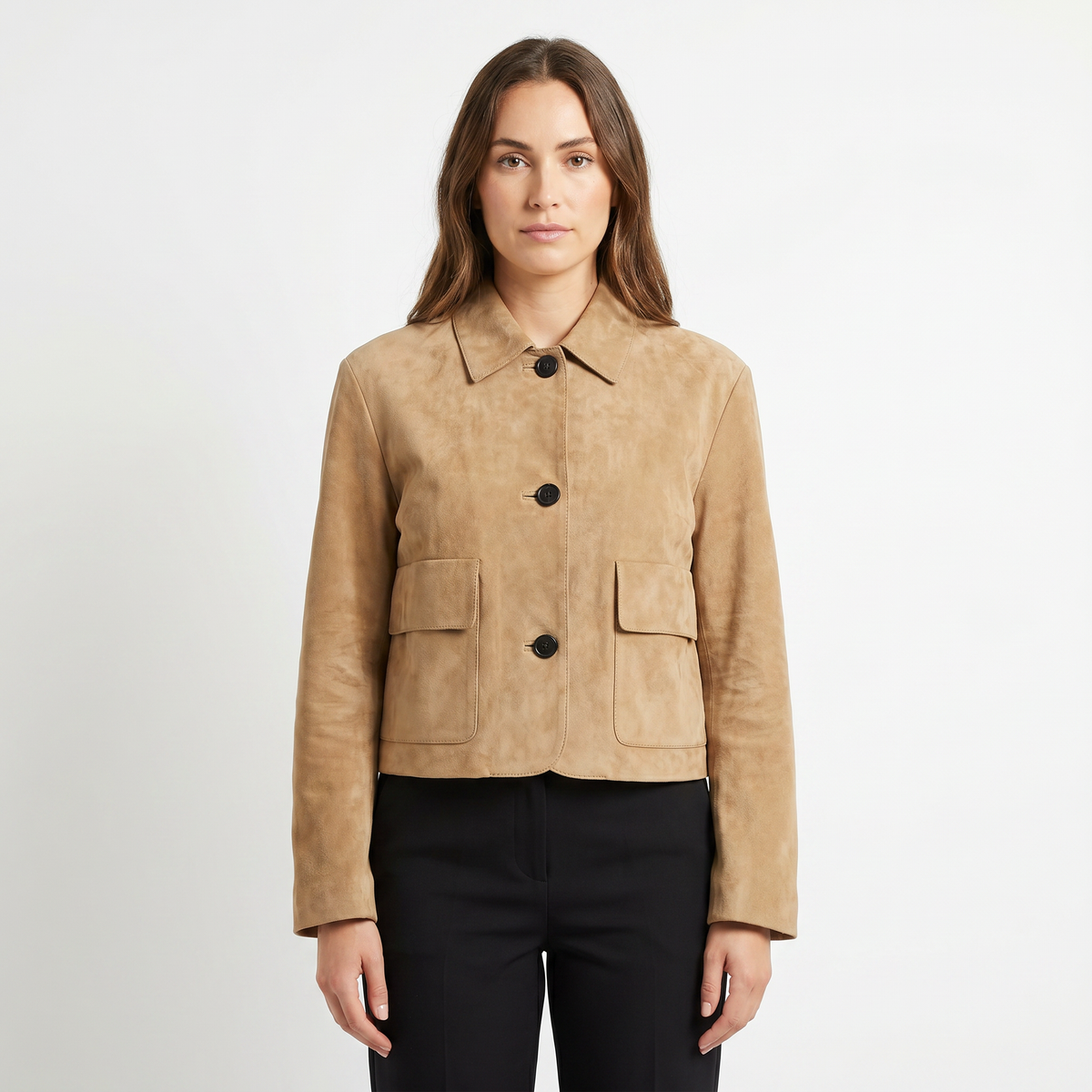 Women's Suede Jacket Chore Coat Shirt Collar Flap Pockets Button Front Edenforth