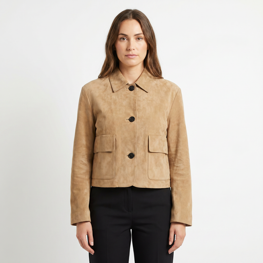 Women's Suede Jacket Chore Coat Shirt Collar Flap Pockets Button Front Edenforth