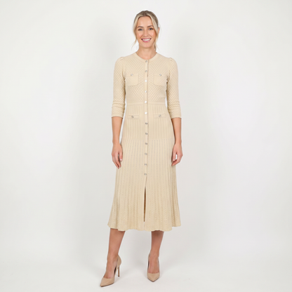 Women's Knit Winter Dress Pointelle Button-Through Midi Flap Pockets Flared Edenforth