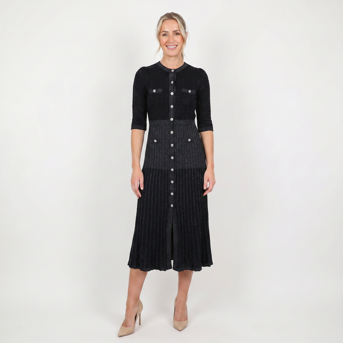 Women's Knit Winter Dress Pointelle Button-Through Midi Flap Pockets Flared Edenforth