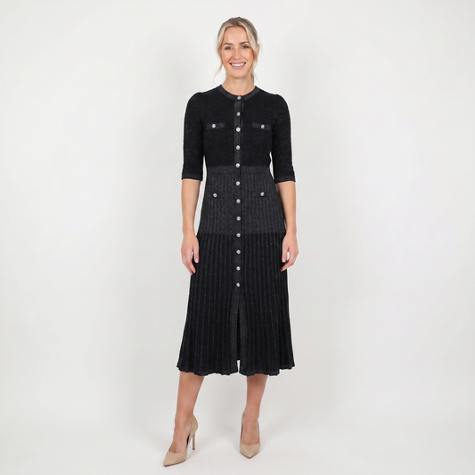 Women's Knit Winter Dress Pointelle Button-Through Midi Flap Pockets Flared Edenforth