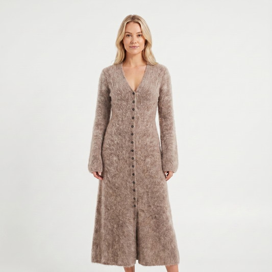 Women's Long-Sleeve Midi Knit Dress Fluffy Button-Through V-Neck Cardigan Edenforth