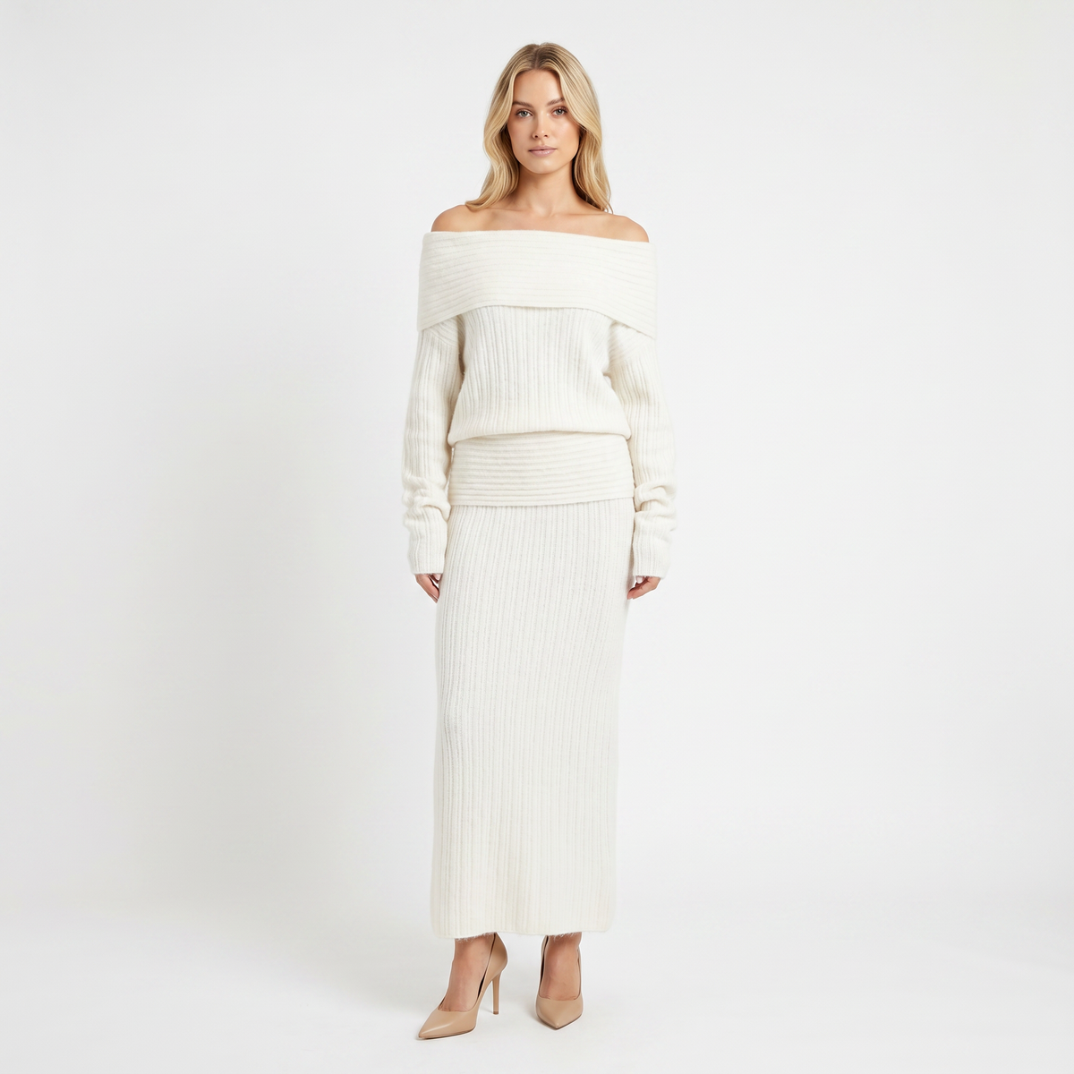 Women's Knit Co-Ord Set Off-Shoulder Oversized Top Ribbed Column Skirt Edenforth