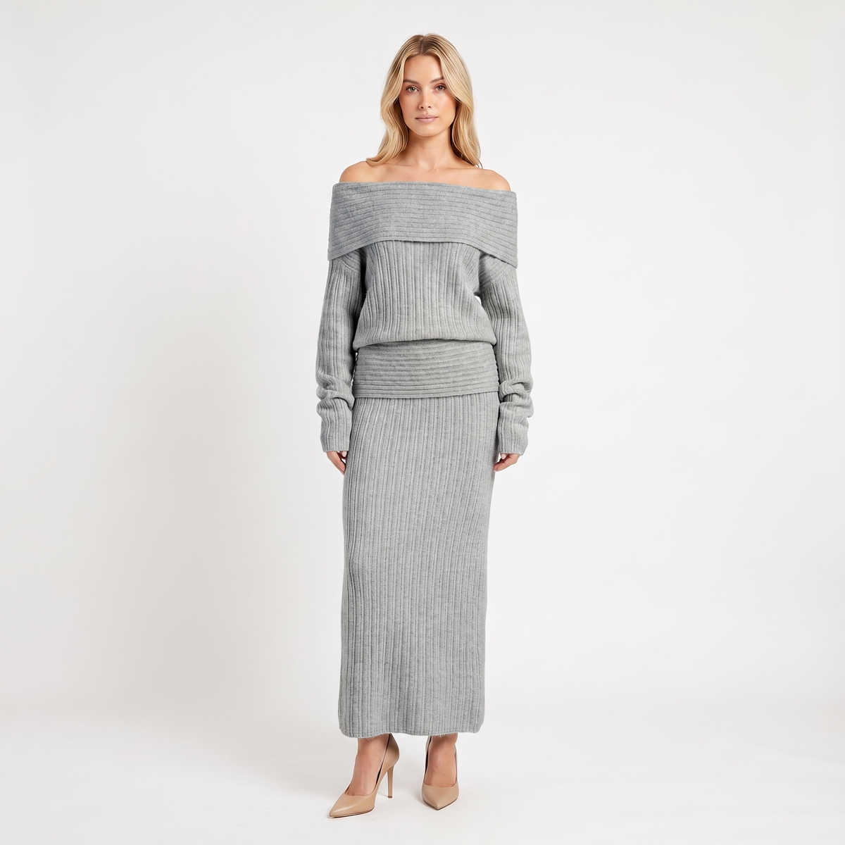 Women's Knit Co-Ord Set Off-Shoulder Oversized Top Ribbed Column Skirt Edenforth