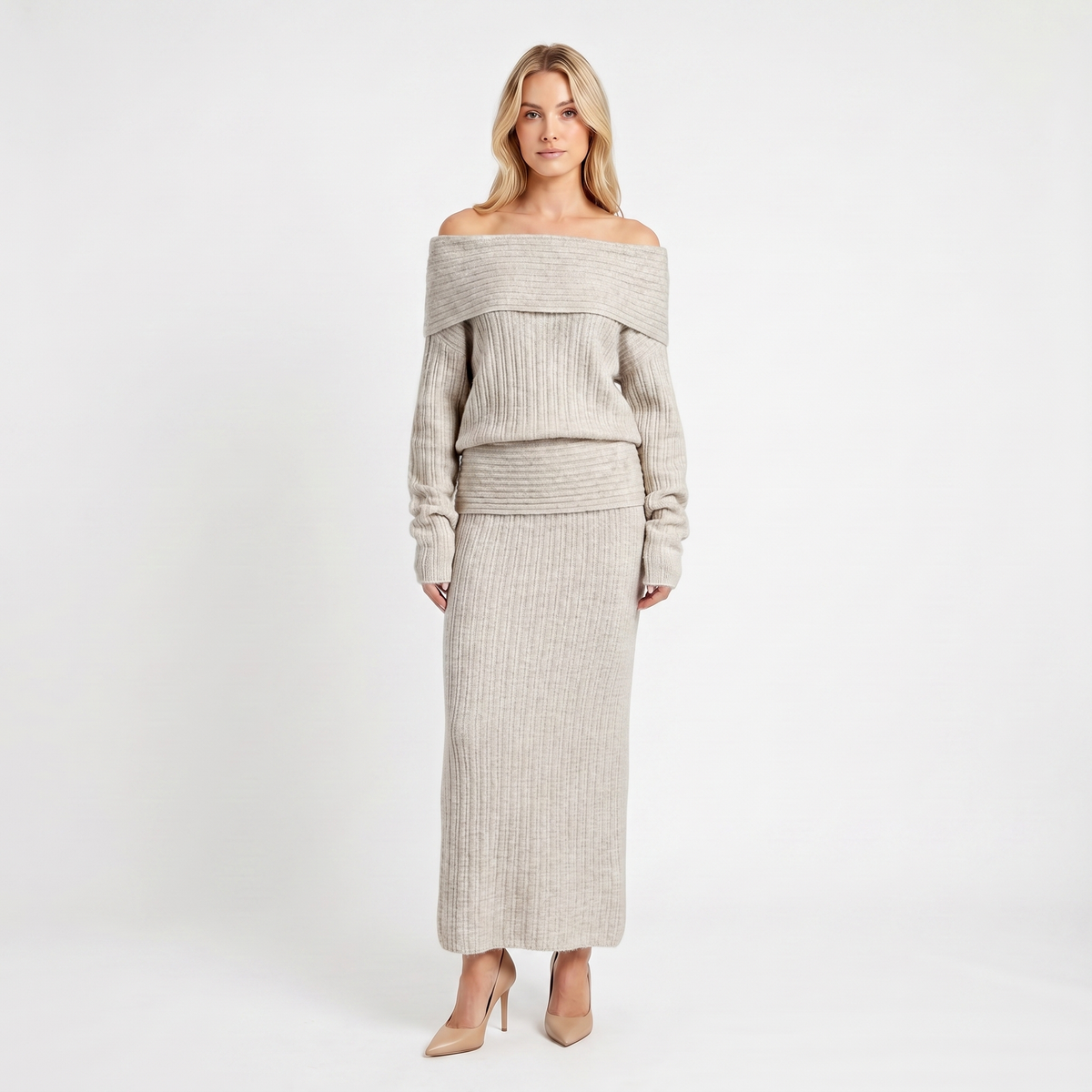 Women's Knit Co-Ord Set Off-Shoulder Oversized Top Ribbed Column Skirt Edenforth