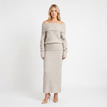 Women's Knit Co-Ord Set Off-Shoulder Oversized Top Ribbed Column Skirt Edenforth