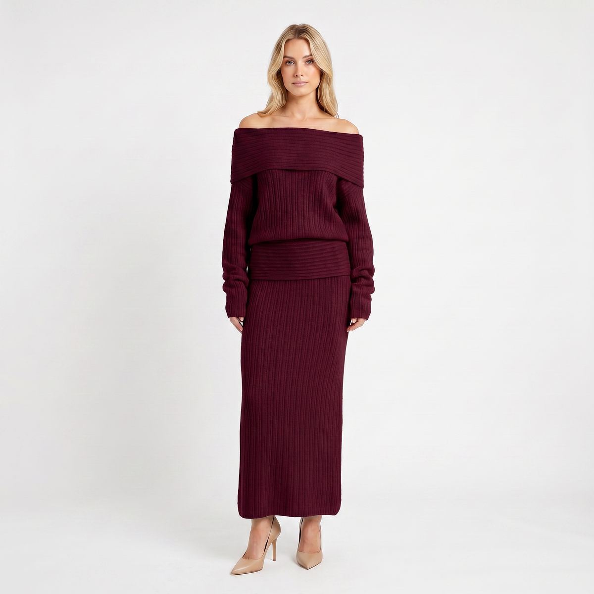 Women's Knit Co-Ord Set Off-Shoulder Oversized Top Ribbed Column Skirt Edenforth