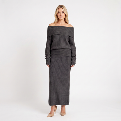 Women's Knit Co-Ord Set Off-Shoulder Oversized Top Ribbed Column Skirt Edenforth