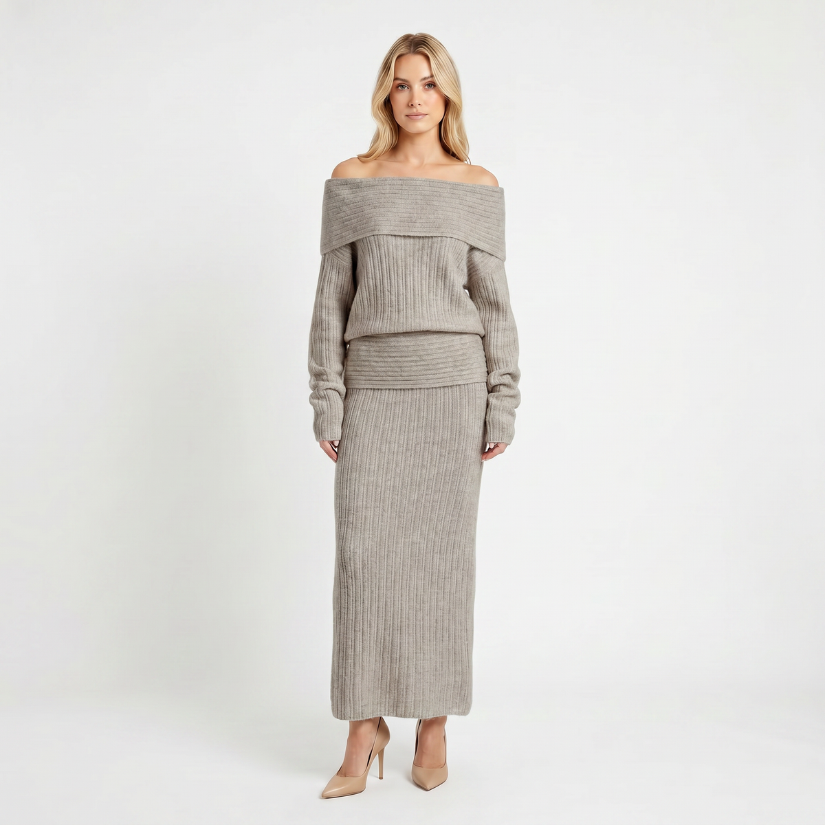 Women's Knit Co-Ord Set Off-Shoulder Oversized Top Ribbed Column Skirt Edenforth