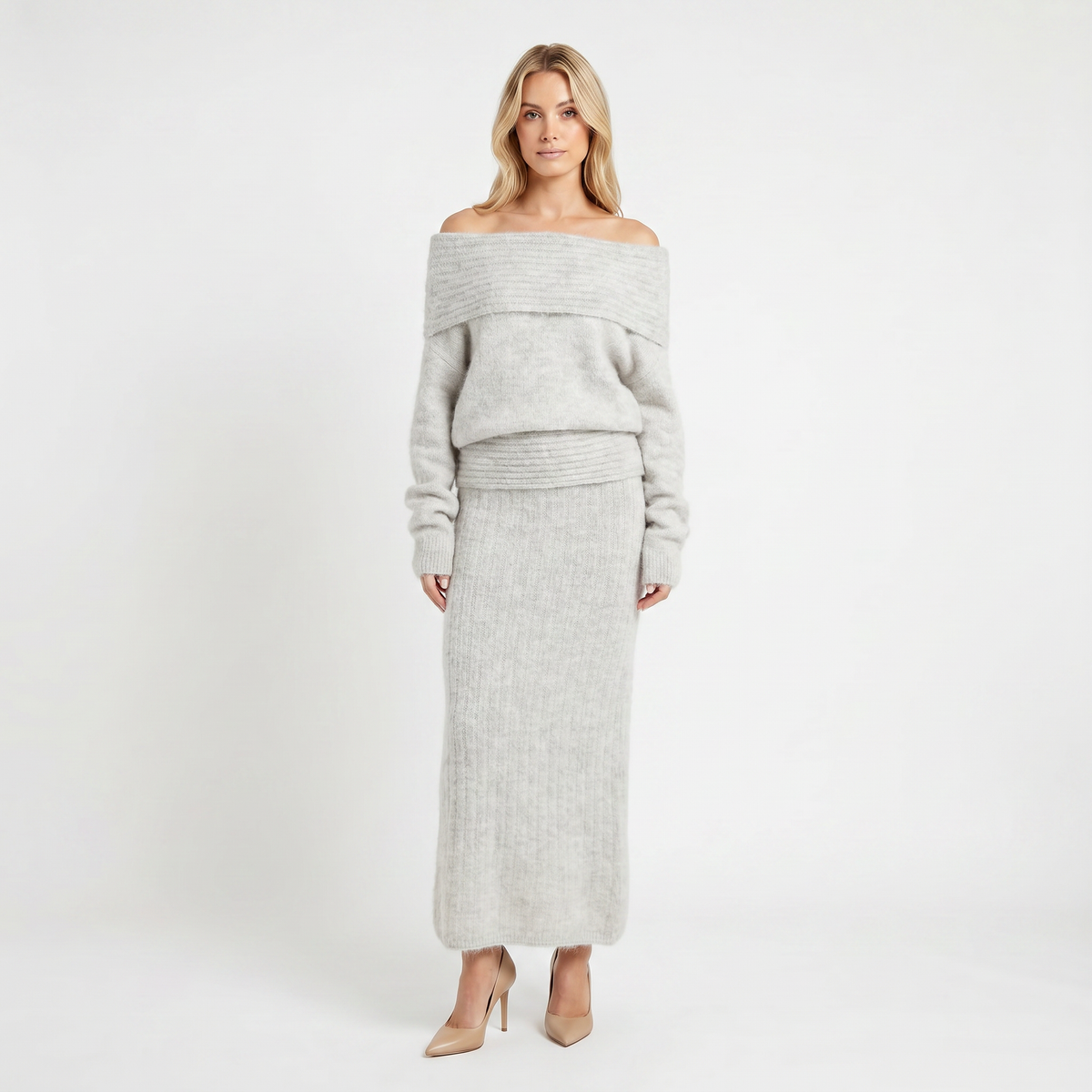 Women's Knit Co-Ord Set Off-Shoulder Oversized Top Ribbed Column Skirt Edenforth