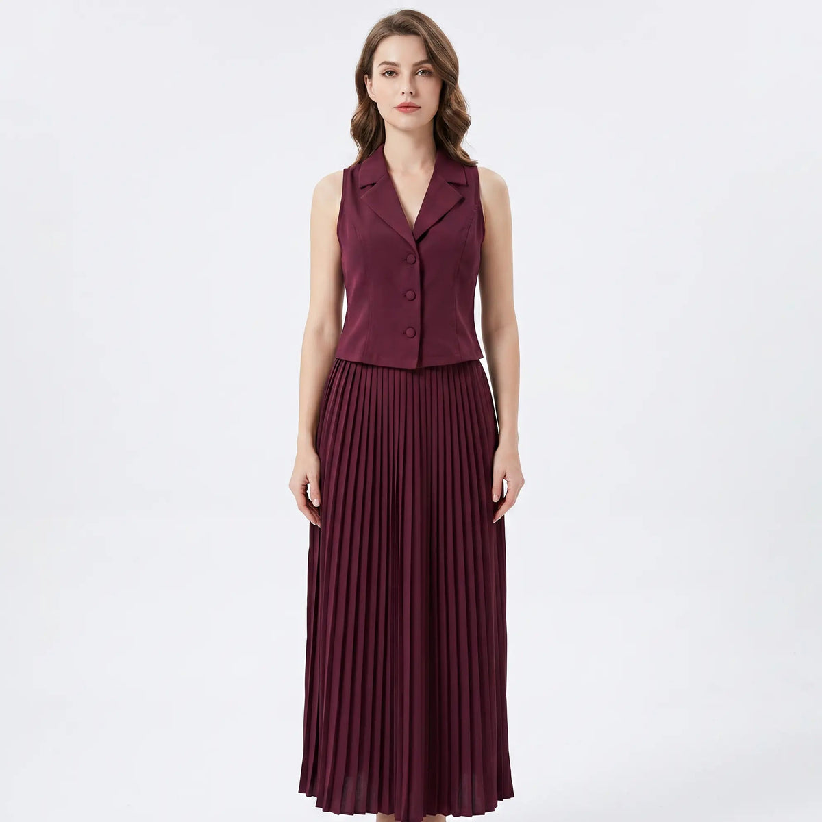 Women's Two-Piece Set Tailored Vest Pleated Maxi Fall Skirt Formal Edenforth