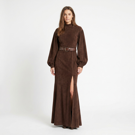 Women's Winter Maxi Dress Suede-Look Bishop Sleeve Mock-Neck Mermaid Slit Edenforth
