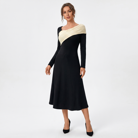 Women's Long-Sleeve Maxi Knit Winter Dress Contrast Cable-Knit Cowl Panel Edenforth
