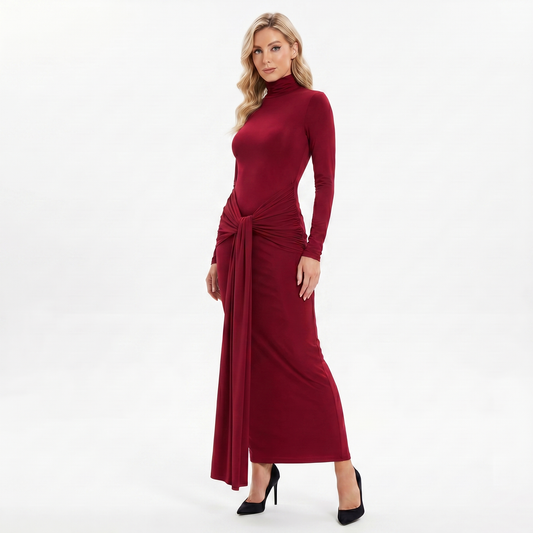 Women's Winter Maxi Dress Turtleneck Knotted Waist Jersey Edenforth