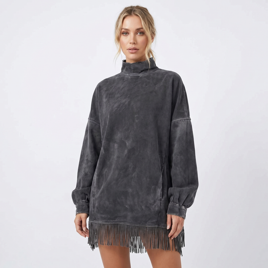 Women's Oversized Sweater Winter Dress Acid Wash Fringe Hem Mock-Neck Edenforth