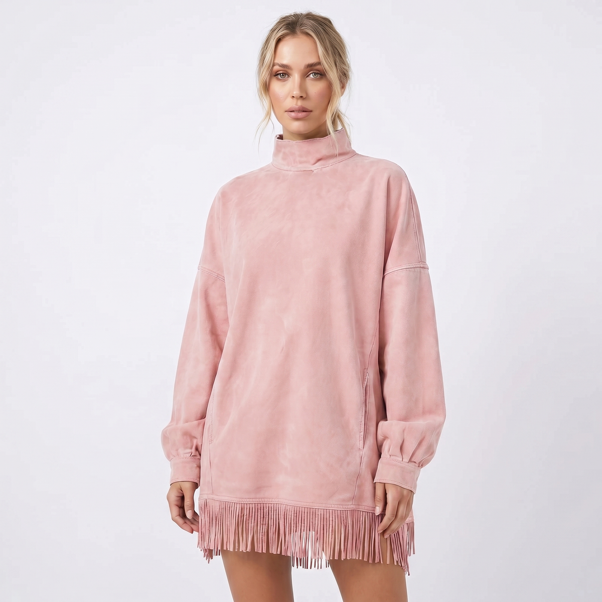Women's Oversized Sweater Winter Dress Acid Wash Fringe Hem Mock-Neck Edenforth