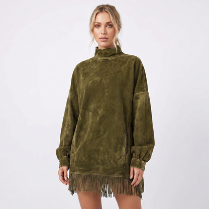Women's Oversized Sweater Winter Dress Acid Wash Fringe Hem Mock-Neck Edenforth