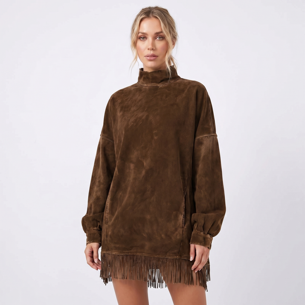 Women's Oversized Sweater Winter Dress Acid Wash Fringe Hem Mock-Neck Edenforth