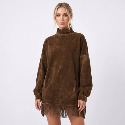 Women's Oversized Sweater Winter Dress Acid Wash Fringe Hem Mock-Neck Edenforth