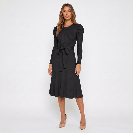 Women's Knit Midi Winter Dress Puff Shoulder Belted Ribbed A-Line Edenforth