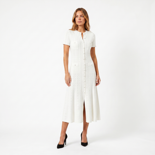 Women's Button Knit Winter Dress Pointelle Short-Sleeve Midi Four-Pocket Edenforth
