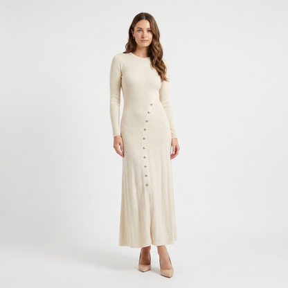 Women's Button-Down Long-Sleeve Dress Ribbed Knit Flare Maxi Silver Buttons Edenforth
