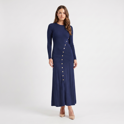 Women's Button-Down Long-Sleeve Dress Ribbed Knit Flare Maxi Silver Buttons Edenforth