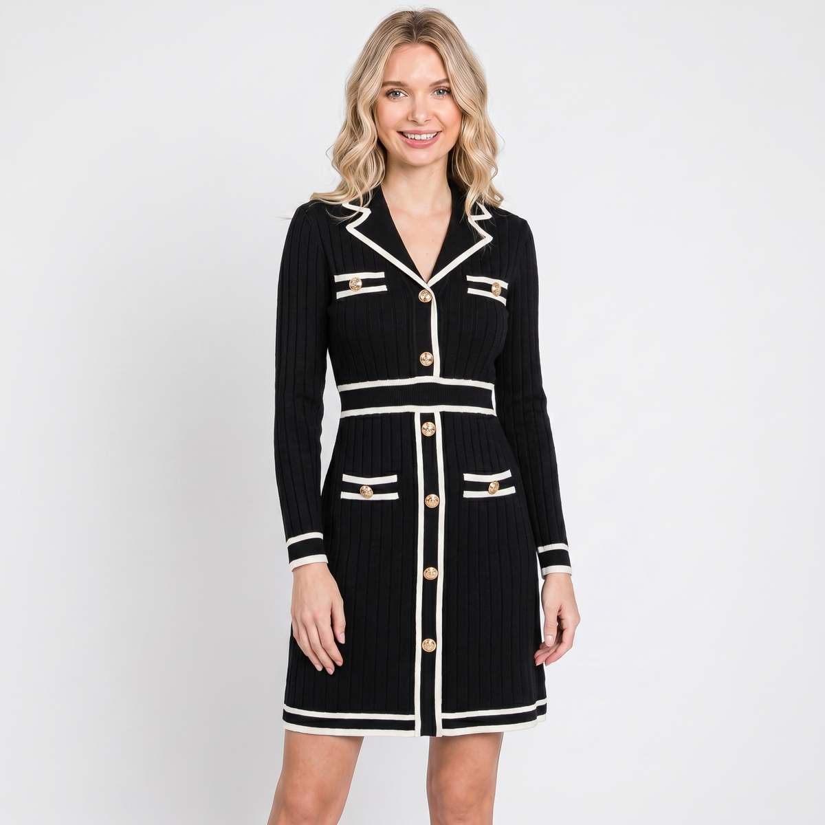 Women's Collared Long-Sleeve Dress Contrast Trim Knit Blazer Mini Gold Edenforth