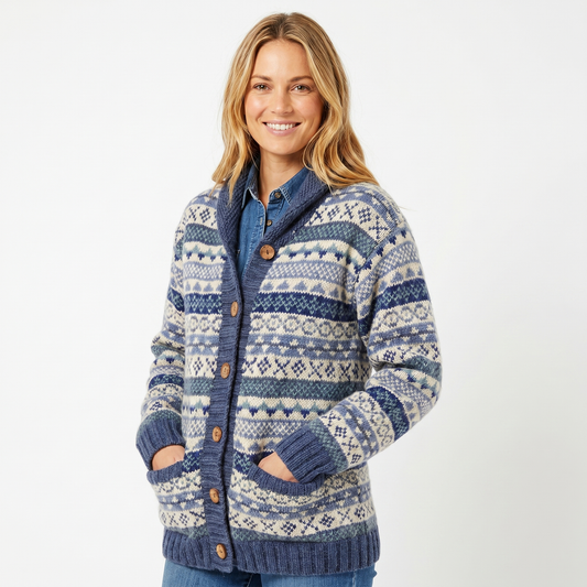Women's Oversized Cardigan Fair Isle Shawl Collar Button-Front Hip Length Edenforth