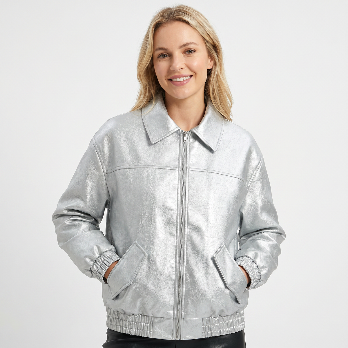 Women's Bomber Fall Jacket Faux Leather Point Collar Elasticated Hem Zip Edenforth