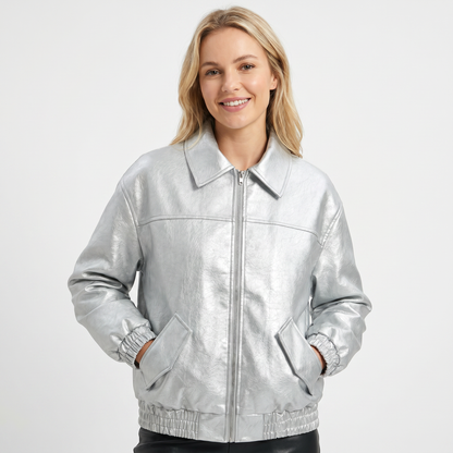 Women's Bomber Fall Jacket Faux Leather Point Collar Elasticated Hem Zip Edenforth