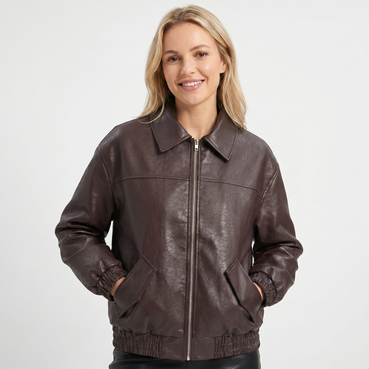 Women's Bomber Fall Jacket Faux Leather Point Collar Elasticated Hem Zip Edenforth