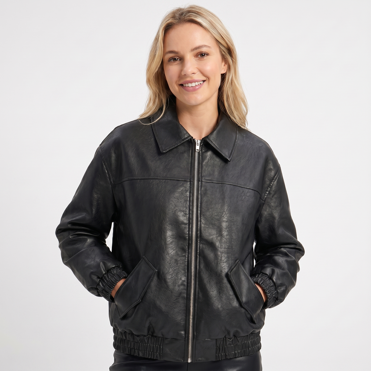 Women's Bomber Fall Jacket Faux Leather Point Collar Elasticated Hem Zip Edenforth